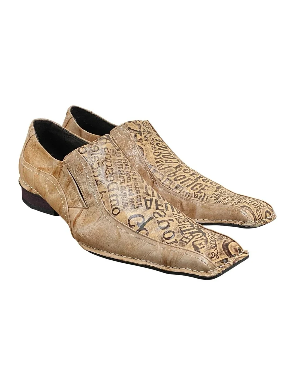 ZOTA Men's Size 12 Brown Leather Newspaper Print Square Toe Loafers Shoes